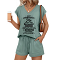 APRIL - DON'T UNDERESTIMATE ME I OBSERVE MORE THAN YOU KNOW- V-NECK SHORT-SLEEVED SHIRT AND SHORTS SET FOR WOMEN A09-762 LUAN04 (SKU2607-41-04)